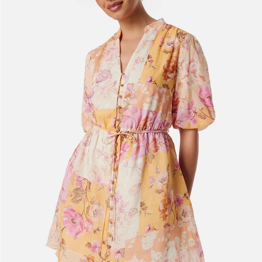 Ever New Floral Puff-Sleeve Pink & Mustard Mini Dress NWT Size 14 - Picture 13 of 16